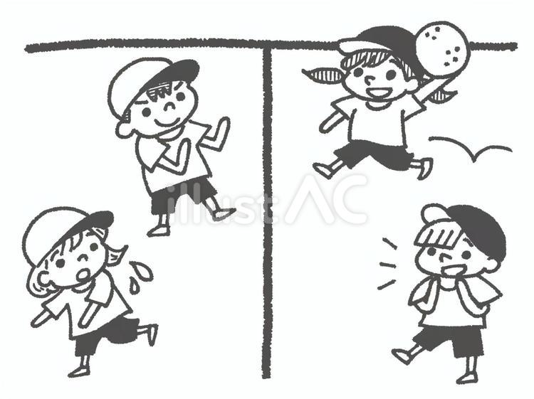 ドッジボールをする子どもたち（白黒） ドッジボール,球技,投げるのイラスト素材