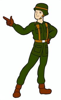 男性　兵隊　イラスト 男性,兵隊,指鉄砲,ウィンク,緑色,軍服,ヘルメット,茶色,くつ,手袋のイラスト素材