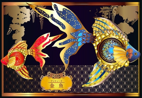 L-0070 カード：古風 金魚 金魚,アンティーク,華やか,機械,癒し,涼,紫,幾何学,花,オレンジのイラスト素材