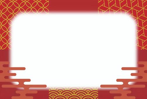 和柄(３柄)をあしらったフレームー赤 フレーム,和風,和柄,七宝,青海波,網代麻の葉,赤,金茶,かすみ,年賀状のイラスト素材