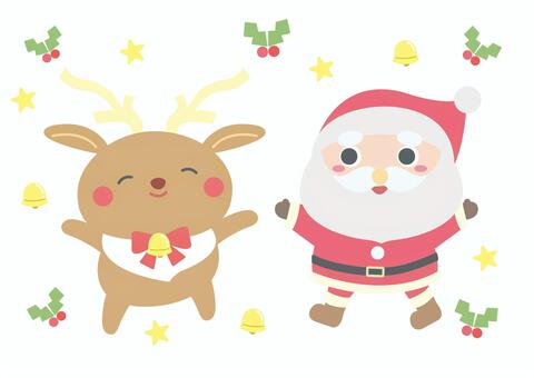 サンタクロースとトナカイのイラスト クリスマス,サンタクロース,トナカイ,冬,可愛い,ベル,柊,星,笑顔,12月のイラスト素材