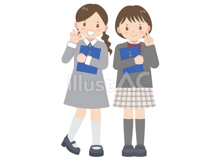 卒業式の記念撮影・小学女子二人  卒業式,6年生,卒服のイラスト素材