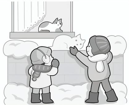 子ども２人雪遊び猫を作る 雪,子ども,冬,遊び,猫,作る,塀,ブロック,積もる,帽子のイラスト素材