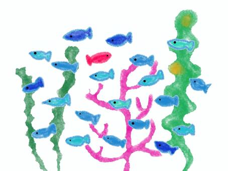 海藻と熱帯魚 海,魚,小魚,熱帯魚,海水魚,海藻,泳ぐ,かわいい,小さい,オリジナルのイラスト素材