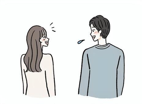 楽しそうな女性と困る男性 偶然,会う,気付く,苦笑,苦笑い,愛想笑い,気まずい,困る,困り顔,苦手のイラスト素材