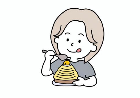 ケーキを食べる女の人 舌,上半身,女,女の子,女の人,半袖,美味しい,シンプル,手書き,ケーキのイラスト素材