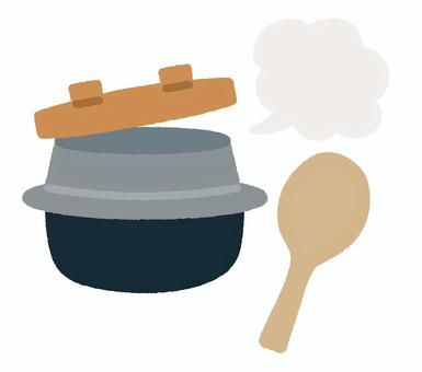 シンプルな釜としゃもじ 秋,釜,しゃもじ,湯気,炊き立て,料理,調理器具,レトロ,昔,昭和のイラスト素材