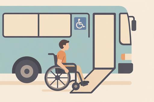 バリアフリーのバスに乗る車椅子利用者