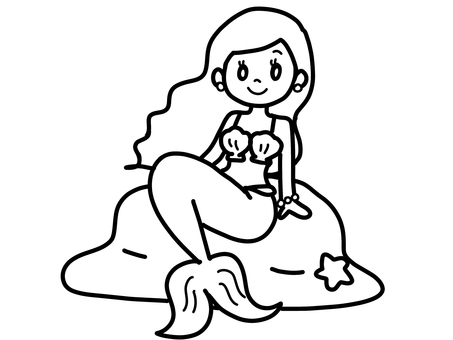 人魚姫のぬり絵 ぬりえ,人魚姫,人魚,マーメイド,人物,女性,かわいい,メルヘン,美人,貝殻のイラスト素材