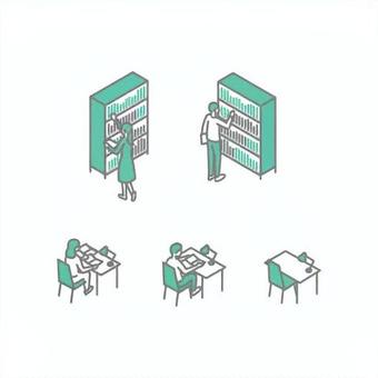 図書館のイラスト 図書館,人物,勉強,本棚,机,椅子のイラスト素材