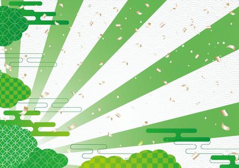 緑色の和風の集中線の背景素材 和風,和柄,集中線,雲,紙吹雪,背景のイラスト素材