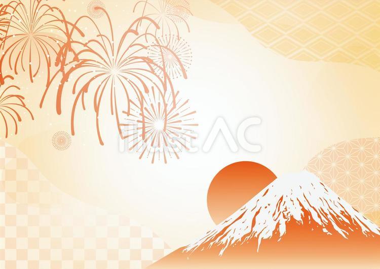 オレンジ色の夏の花火と富士山の和風素材 夏,花火,富士山のイラスト素材