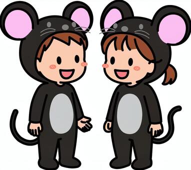 黒のネズミコスの子供たちです。 ネズミ,コスプレ,シンプル,コスチューム,動物,着ぐるみ,パーティー,イベント,耳,しっぽのイラスト素材