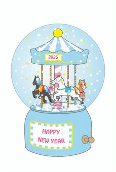 回転木馬スノードーム年賀状（水色） 年賀状,2026年,スノードーム,馬,メリーゴーランド,キラキラ,水色,年賀はがき,午年,賀詞のイラスト素材