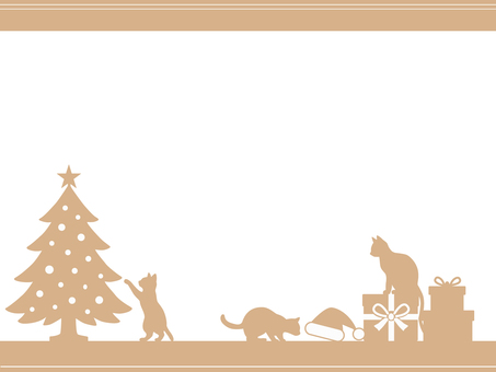 猫とクリスマスのシルエット背景・ベージュ 猫,シルエット,クリスマス,ツリー,プレゼント,サンタ帽,冬,メッセージカード,ベージュのイラスト素材