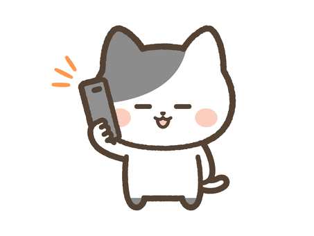 笑顔で電話するねこのイラスト（シチサン） ねこ,電話,かける,スマホ,連絡,笑顔,日常,表情,電話する,かわいいのイラスト素材