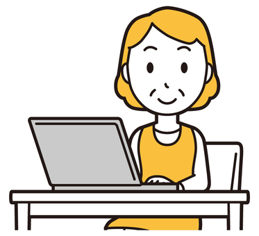  エプロンおばちゃん(黄)-227-バスト パソコン,笑顔,おばちゃん,エプロン,お母さん,ママ,中年,おばさん,主婦,人物のイラスト素材