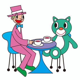 相棒とお茶 男性,熊,コーヒー,テーブル,帽子,椅子,ピンクのイラスト素材
