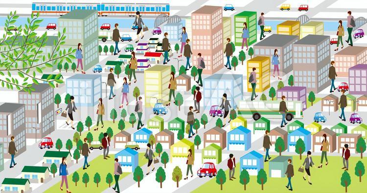 街中俯瞰人々町中 住宅,車,町のイラスト素材