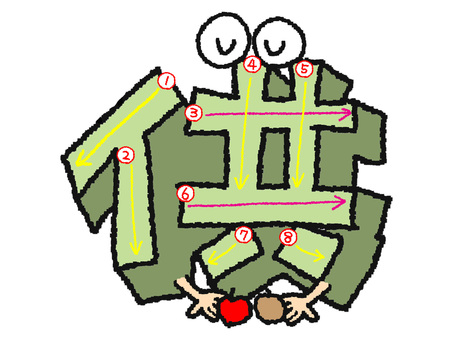 供　漢字　書き順あり 供,フォント,漢字,立体,文字絵,目,書き順,矢印,8画,可愛いのイラスト素材