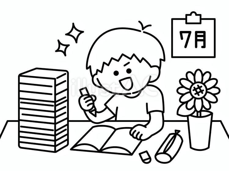 7月から宿題に取りかかる子ども（線画） 宿題,夏休み,子どものイラスト素材