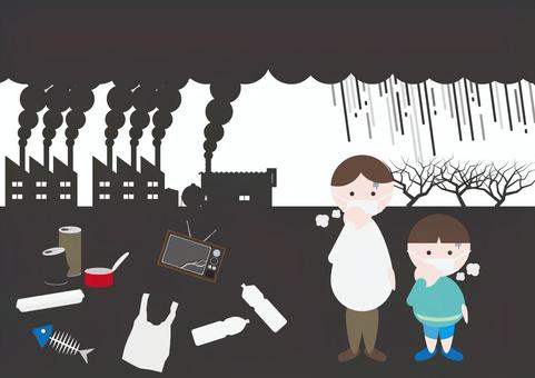 ゴミの環境破壊と体調不良の親子 工場,煙突,煙,雲,酸性雨,環境破壊,木,イラスト,背景,空き缶のイラスト素材