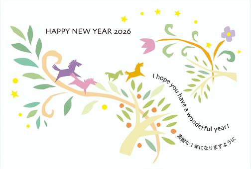 午年の年賀状　カジュアルな4頭のウマ 年賀状,テンプレート,2026年,午,正月,happynewyear,年賀,はがき,午年,親子のイラスト素材