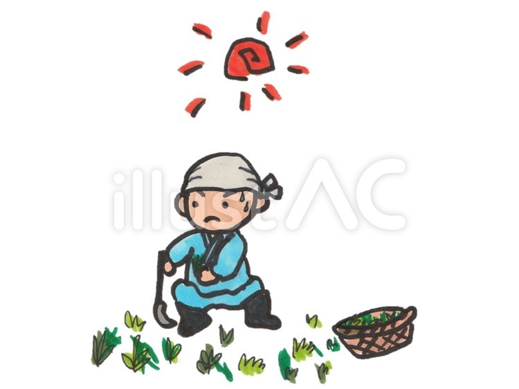 お坊さん作務衣着て草刈り　炎天下 お坊さん,作務衣,くさかりのイラスト素材