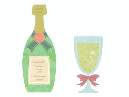 シャンパンボトルとグラス シャンパン,シャンペン,ボトル,瓶,グラス,リボン,お酒,アルコール,西洋酒,飲み物のイラスト素材