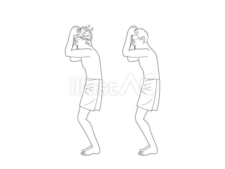 お風呂で頭を洗う男性（線画） 裸,タオル,体を洗うのイラスト素材