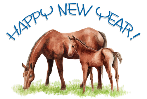 年賀ハガキ水彩馬の親子 馬,午年,動物,親子,年賀状,年賀ハガキ,干支,十二支,水彩,手描きのイラスト素材