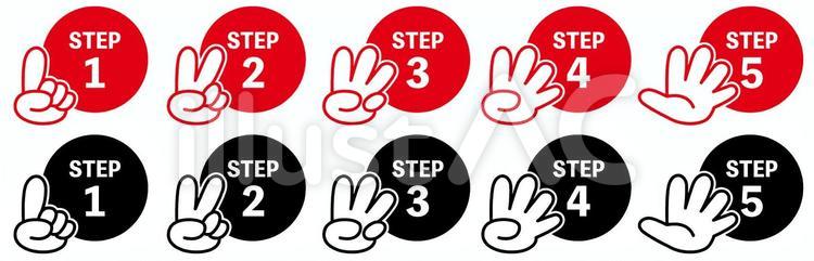 STEP1から5の文字と指のアイコン2色 ステップ,手順,指のイラスト素材