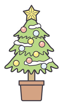 雪飾りと玉飾りのクリスマスツリー クリスマスツリー,クリスマス,星,雪,球,飾り,シンプル,ほのぼの,ゆるい,素材のイラスト素材