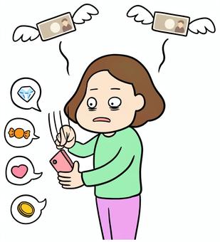 スマホで推しに課金する女性04 推し活,貢ぐ,女性,推し,ライバー,ライブ,アイテム,配信,課金,投げ銭のイラスト素材