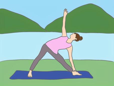 自然の中でのヨガ 自然の中でのヨガ ヨガ,ポーズ,三角のポーズ,自然,大自然,山,緑,川,湖,リフレッシュのイラスト素材