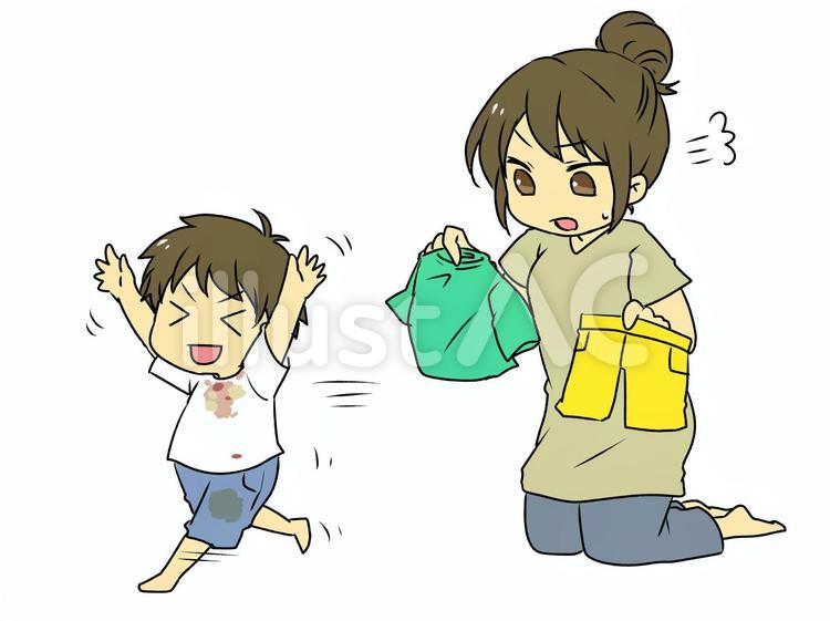食べこぼした服を着替えさせたい 親子,育児,子育てのイラスト素材