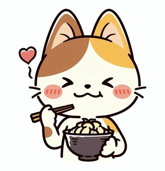 美味しい松茸ごはんに満足な可愛い三毛猫 秋,松茸ごはん,9月,10月,秋の味覚,松茸,食欲の秋,美味しい,ハート,食べるのイラスト素材