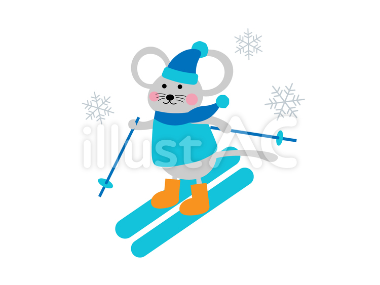 ねずみさんスキーのイラスト ねずみ,スキー,雪の結晶のイラスト素材