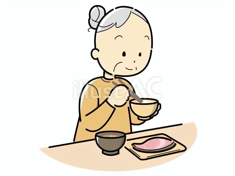 食事-高齢女性-笑顔 おばあさん,食事,笑顔のイラスト素材