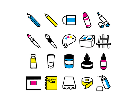 よく使うアナログ画材 趣味,ホビー,画材,鉛筆,消しゴム,絵具,筆,筆洗,ペン,紙のイラスト素材
