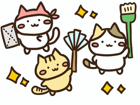年末大掃除をするやる気のかわいいねこ達 年末,大掃除,ねこ,清掃,やる気,いっぱい,かわいい,雑巾,ほうき,はたきのイラスト素材