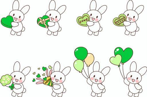 お祝いウサギ(緑) ウサギ,キャラクター,緑色,黄緑色,バルーン,ハート,風船,かわいい,シンプル,アイコンのイラスト素材