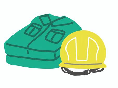 作業服とヘルメット 作業服,ヘルメット,緑,黄色,つなぎ,作業,整頓,主線なし,ポップ,可愛いのイラスト素材