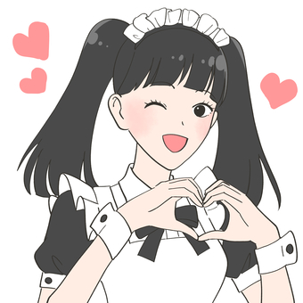 手でハートを作るメイドカフェの女の子 メイド,カフェ,ハート,手,萌え,喫茶店,飲食店,女の子,上半身,ツインテールのイラスト素材