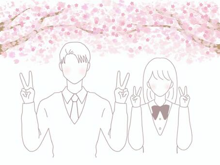 桜とピースサイン 桜,男女,男子,女子,息子,娘,ピース,ピンク色,男性,女性のイラスト素材