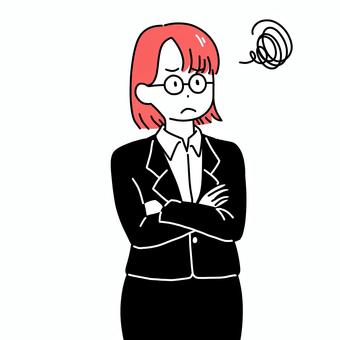 悩む女性 腕組み,悩み事,不安,モヤモヤ,女性,キャリアウーマンのイラスト素材