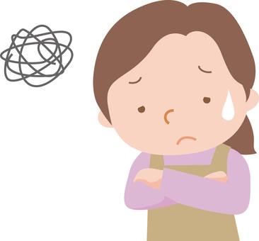悩む母さん 悩む,ママ,エプロン,お母さん,冷や汗,困る,辛い,考える,がっかり,ショックのイラスト素材