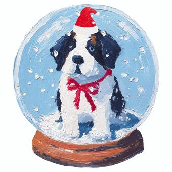 犬（セントバーナード）のスノードーム クリスマス,スノードーム,スノーボール,セントバーナード,サンタ帽,冬,雪,手描き,絵の具風,厚塗りのイラスト素材