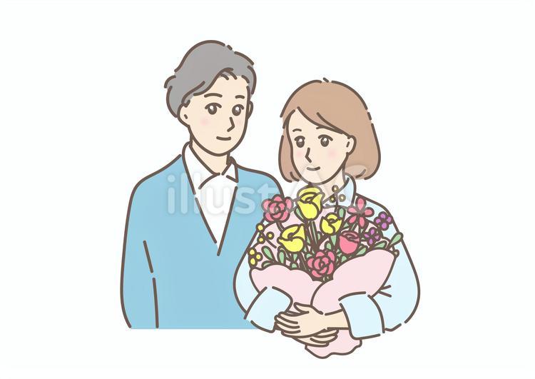素敵な花束を抱える若い女性と寄り添う男性 カップル,男性,女性のイラスト素材