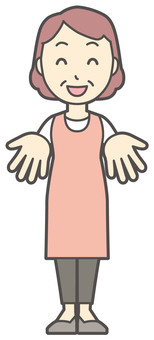  両手を出してくださいポーズのおばさん ちょうだい,女性,人,主婦,中年,シニア,エプロン,ママ,お母さん,おかんのイラスト素材